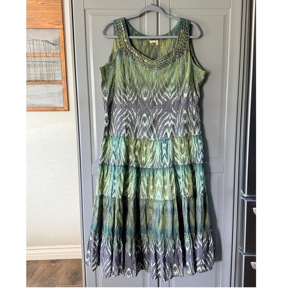 Reba Ikat Beaded Neckline Sleeveless Tiered Midi Dress ,Green Purple 10